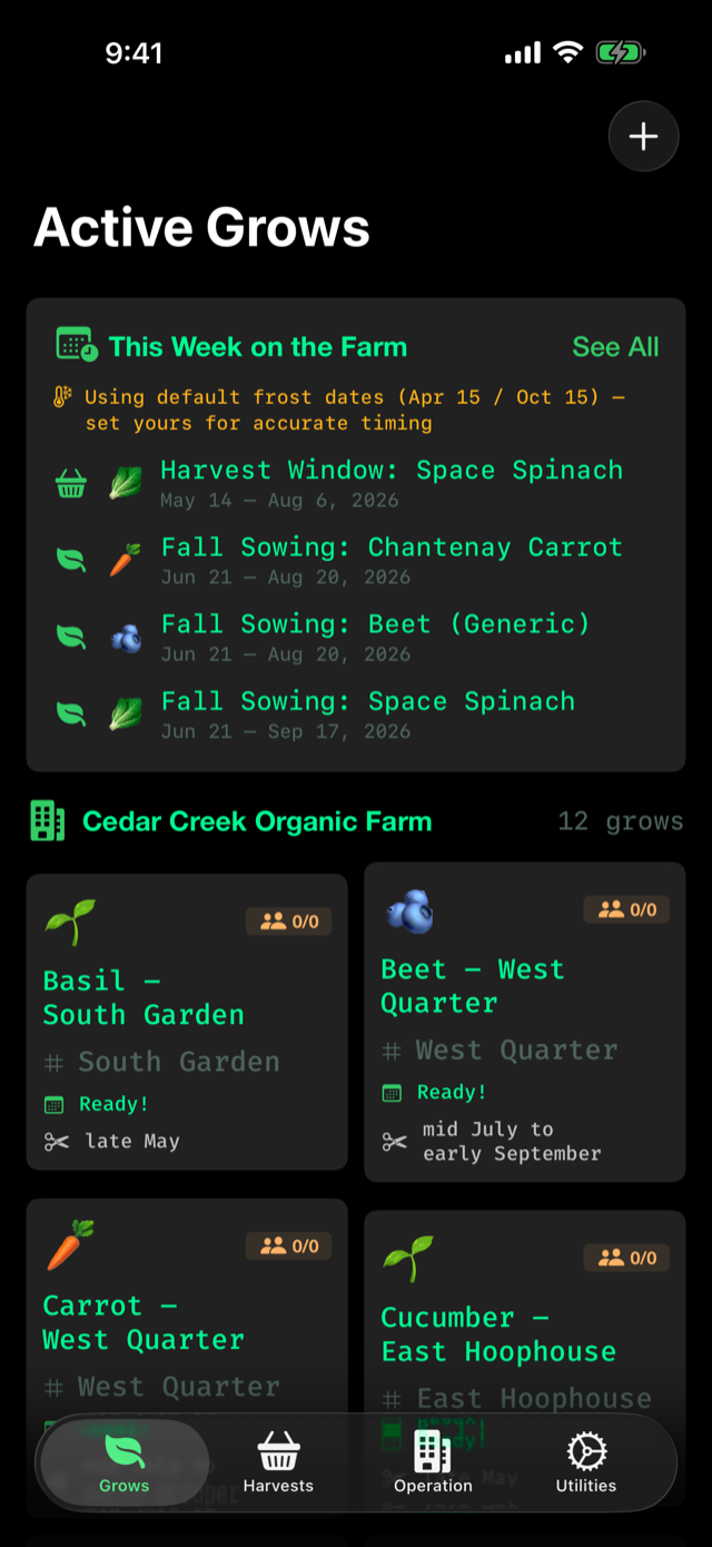 Active Grows screen showing tomato, basil, kale and lettuce plantings at Cedar Creek Organic Farm