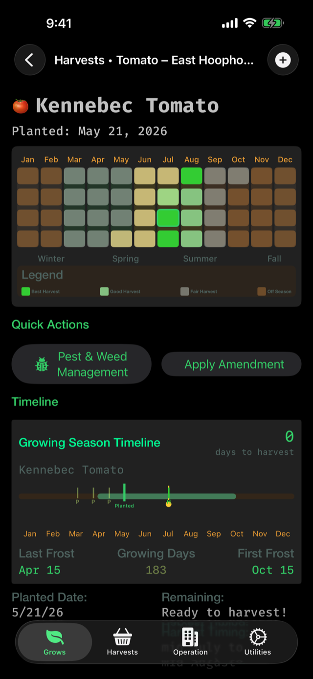Grow detail screen with a harvest window calendar and growing season timeline for a tomato grow