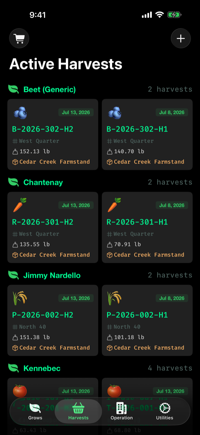 Harvests screen listing stored lots with weights