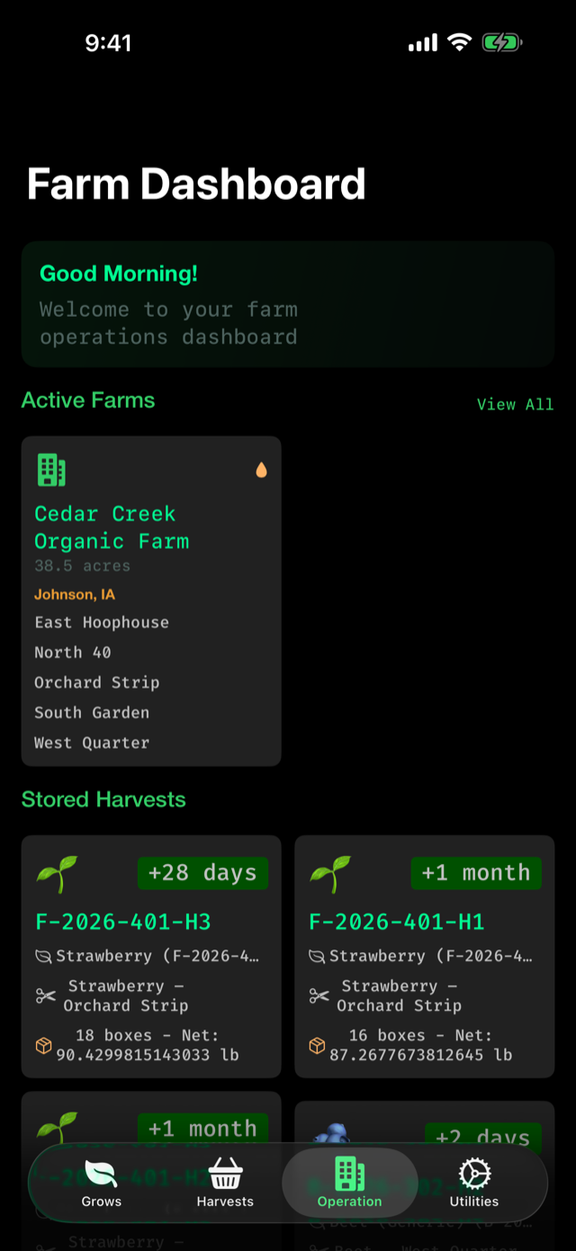 Farm dashboard showing Cedar Creek Organic Farm fields and stored harvests