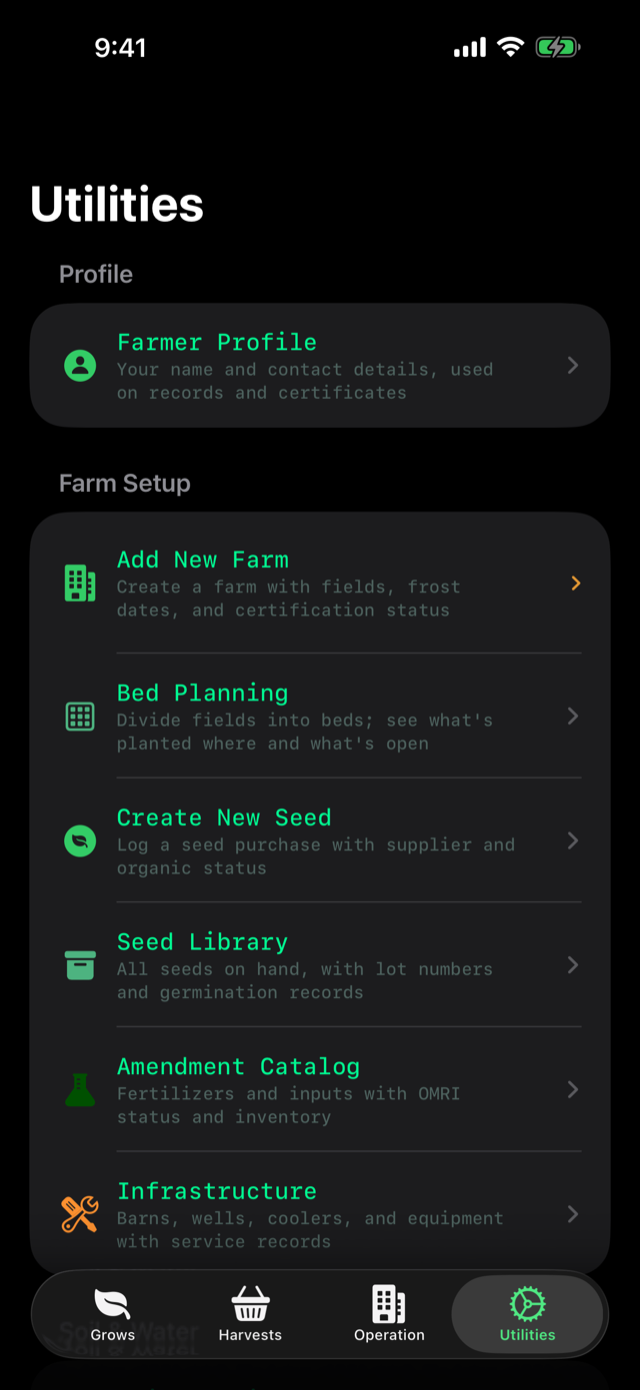 Utilities screen with time clock, soil tests, and lease tools