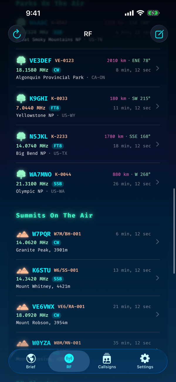 RF tab — Parks On The Air spots with distance and bearing, Summits On The Air section