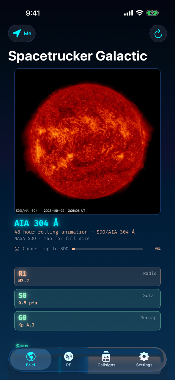 Brief tab — AIA 304 sun imagery, R/S/G storm scales, sunrise to astronomical dusk