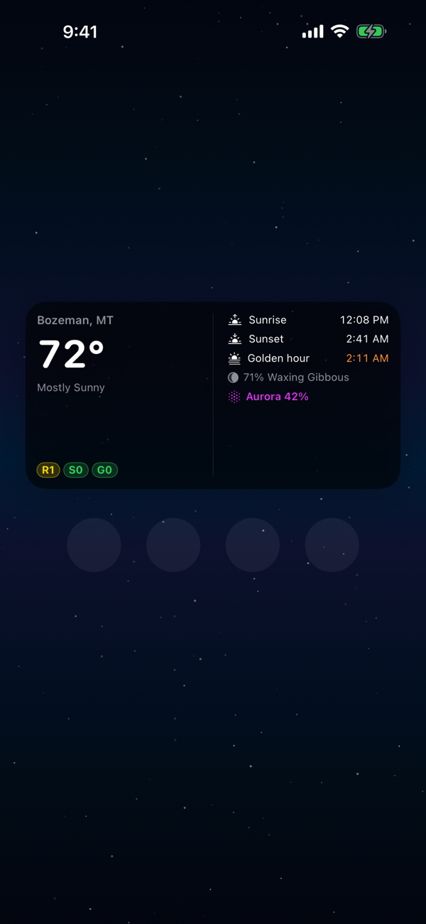 Home-screen widget — Bozeman temp, sun events, R/S/G storm pills, Aurora 42 percent