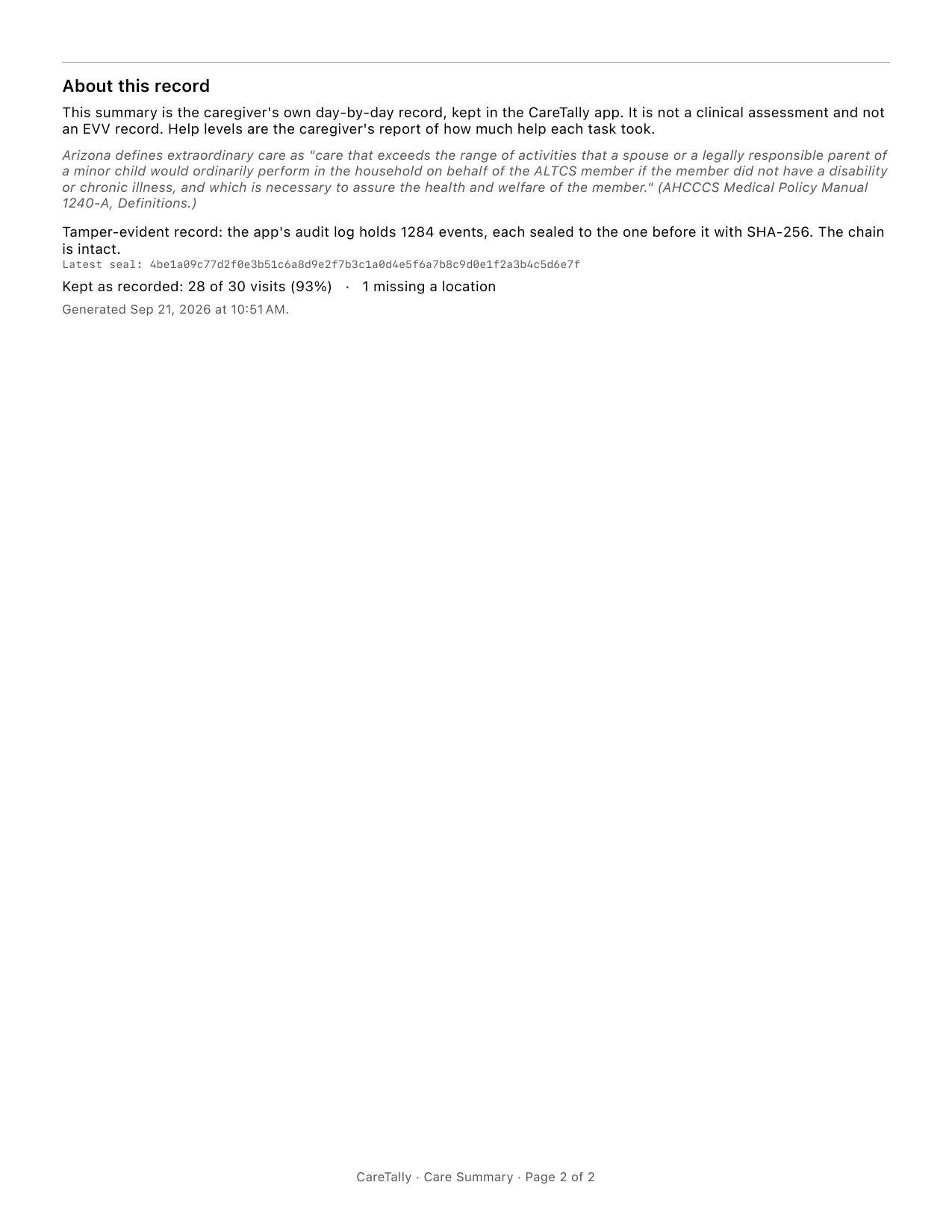 Page 2 of a sample Care Summary: what the record is and is not, the extraordinary-care definition, and the tamper-evident seal.
