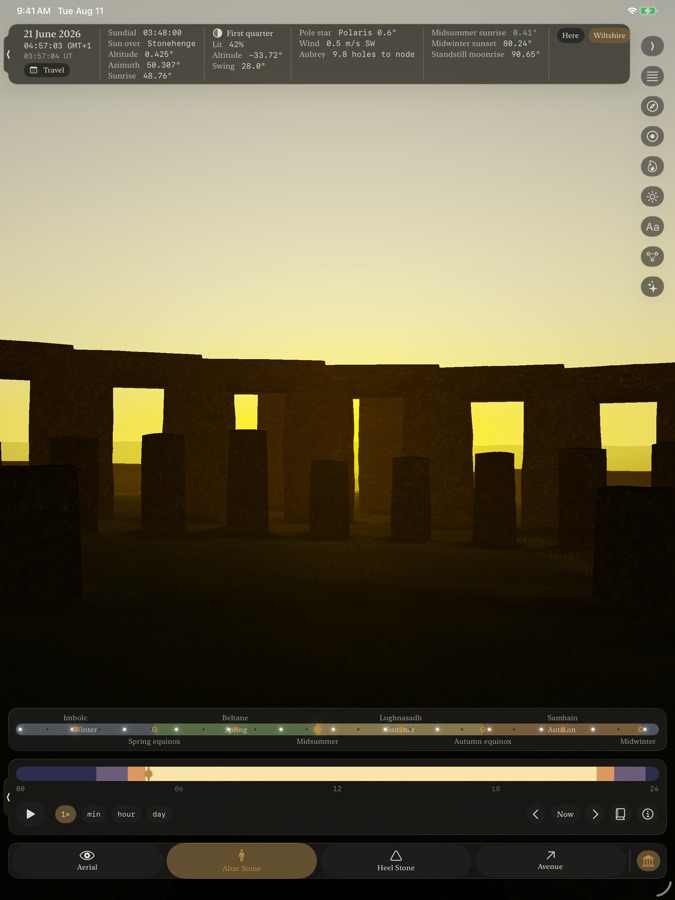 The full almanac readout on iPad: sundial, moon, pole star, alignments