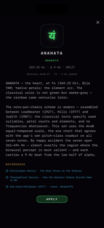 A preset's detail page with its lore and citations, dark mode.