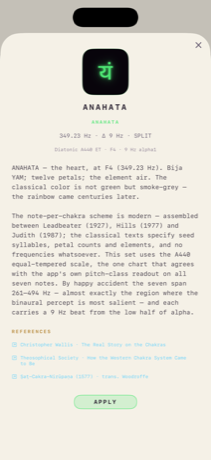 A preset's detail page with its lore and citations, light mode.