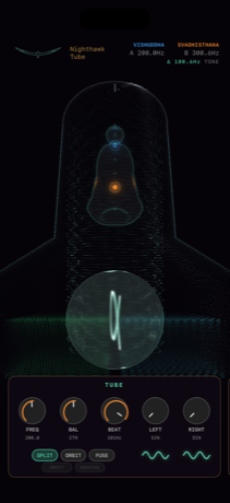 The instrument in dark mode: a glowing vacuum tube on a near-black ground.