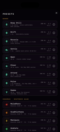 The preset library in dark mode.
