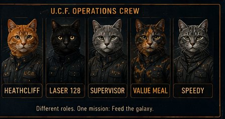 Five operations crew portraits: Heathcliff, Laser 128, Supervisor, Value Meal, and Speedy