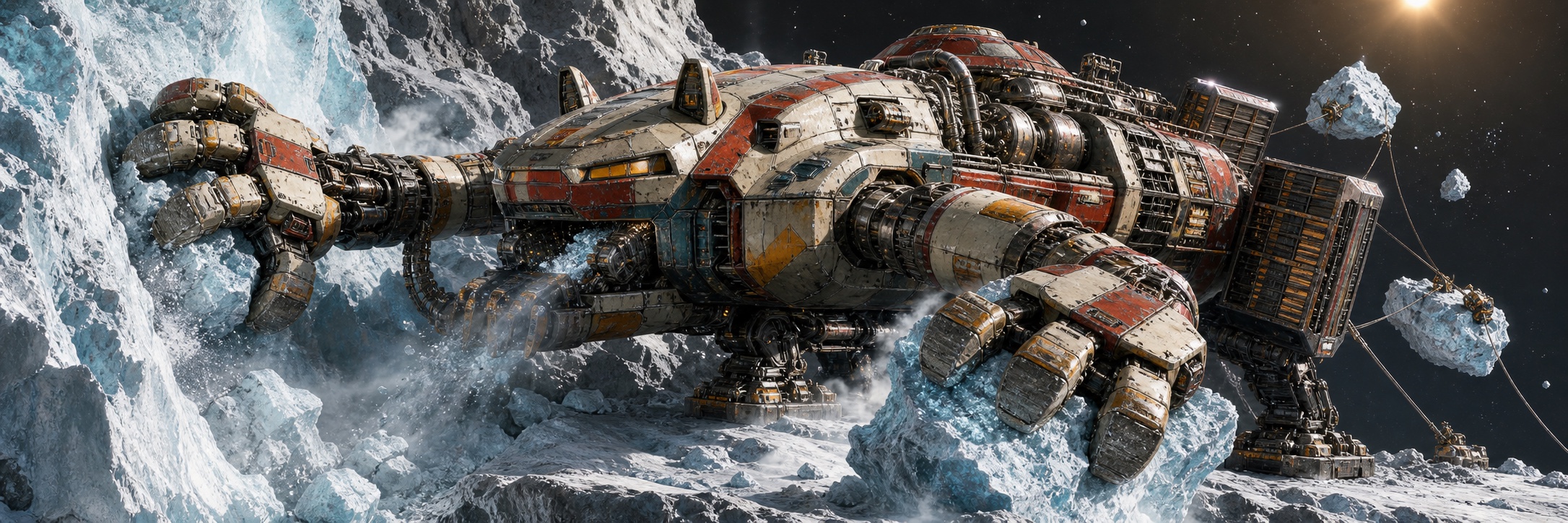 A brightly painted U.C.F. comet-mining vessel gripping ice with two articulated mechanical paw grapples