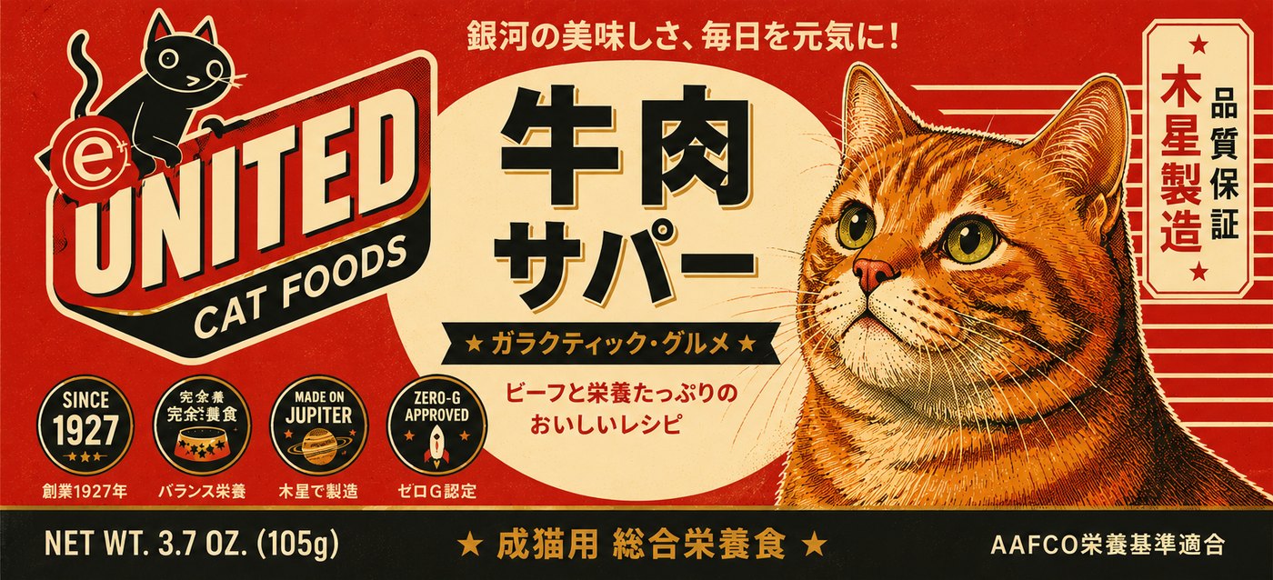 United Cat Foods Beef Supper label, red with an orange cat, since 1927