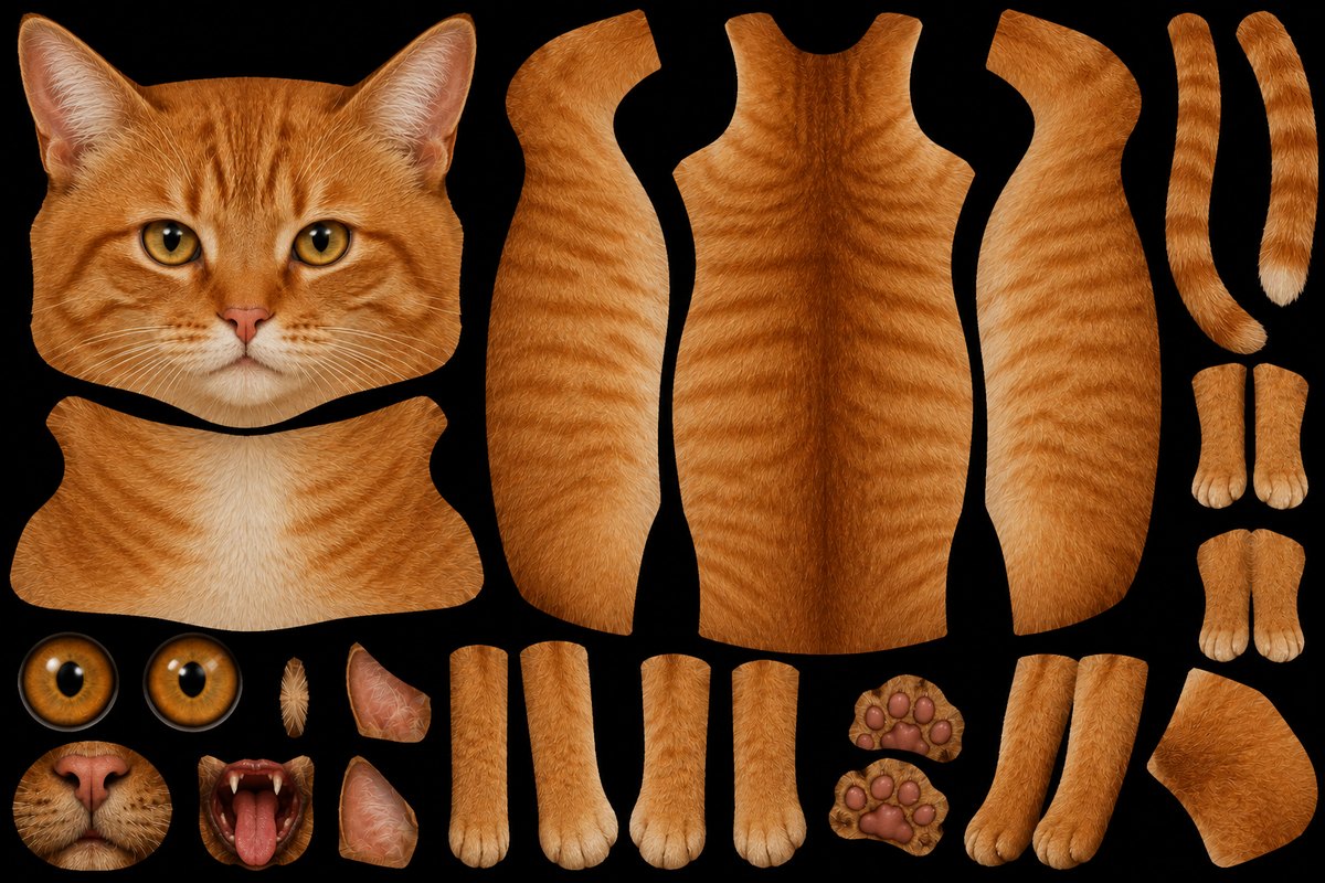 Certified feline hull livery reference sheet, orange tabby pattern, laid out flat