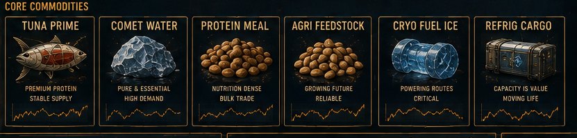 Core commodities strip: tuna prime, comet water, protein meal, agri feedstock, cryo fuel ice, refrigerated cargo