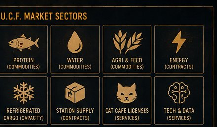 U.C.F. market sectors grid: protein, water, agri, energy, refrigerated cargo, station supply, cat cafe licenses, tech and data