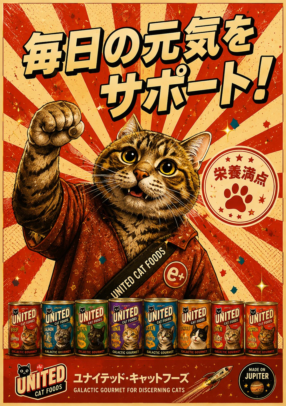 Support your daily energy propaganda poster with raised paw