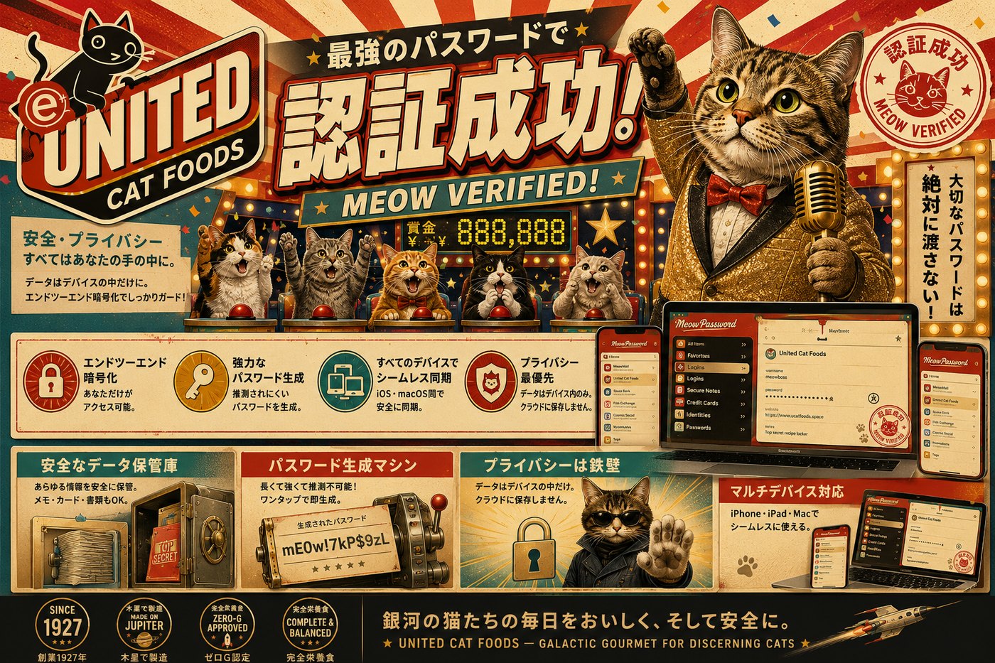 Meow Verified security campaign poster: strongest password, authentication successful