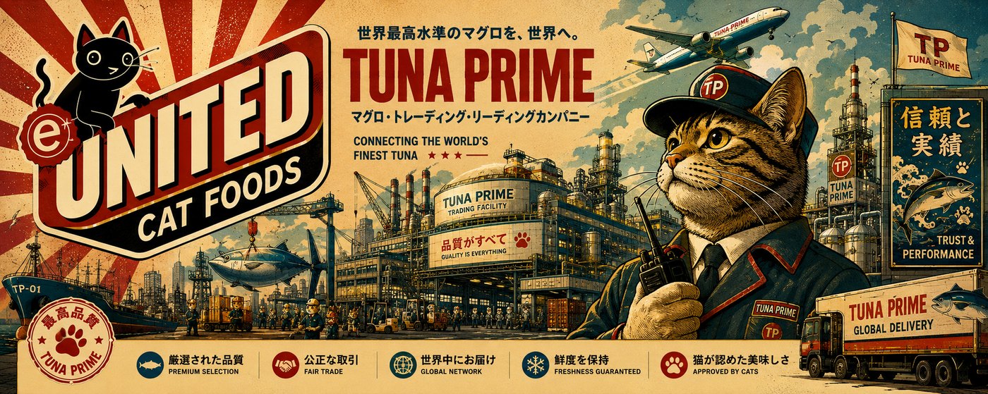 Tuna Prime railway-style poster with the conductor cat and a prop plane