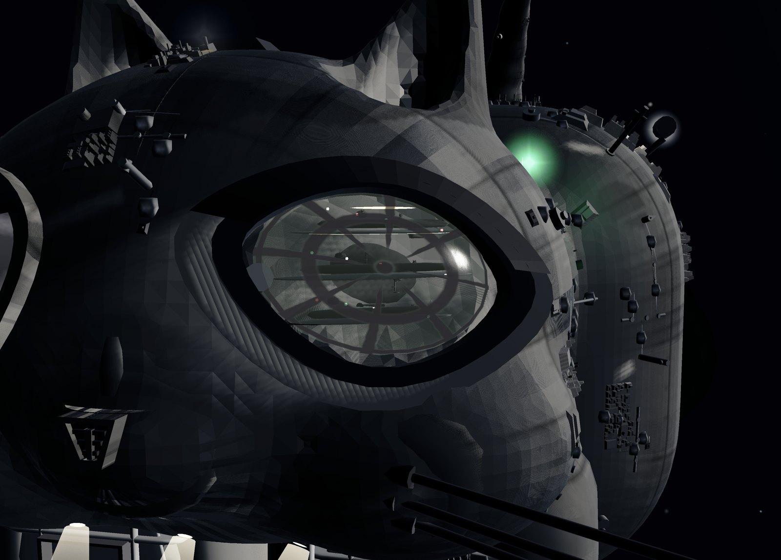 Close pass on a Loaf-class bow eye, glazed turret blister catching green light