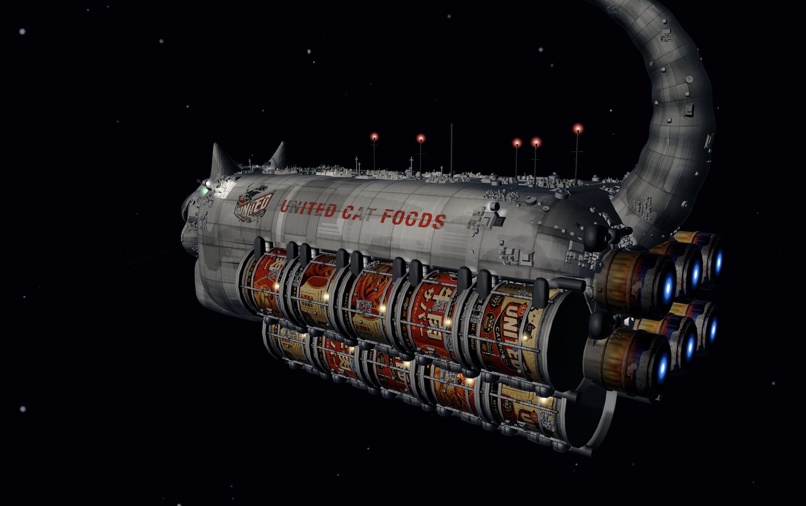 A Loaf-class freighter under way, cargo cans racked along the hull, drives lit