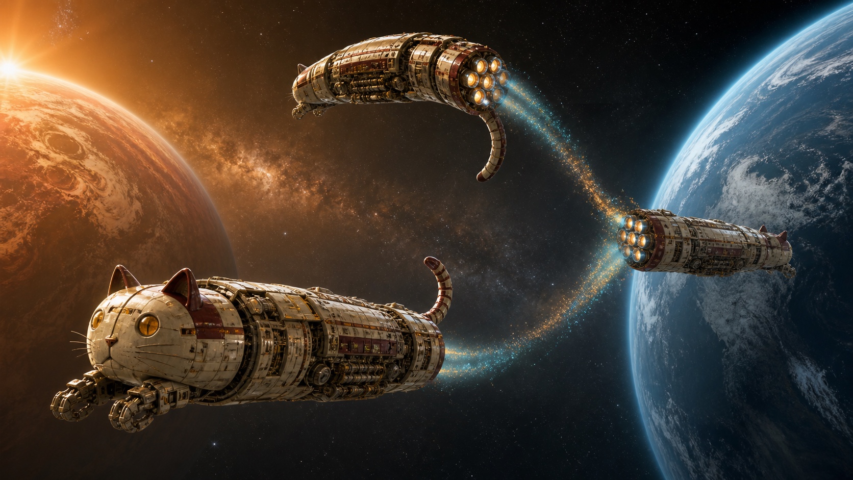 Three successive positions of a Loaf-class freighter show acceleration, midpoint turnover, and braking between a warm inner planet and a cool outer planet