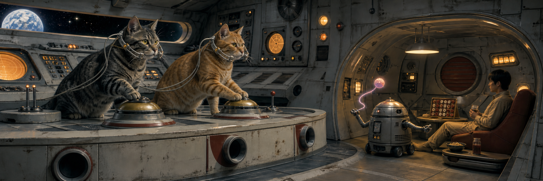 Two feline mission commanders operate paw-scale controls while a Catbot entertains and supervises a human passenger