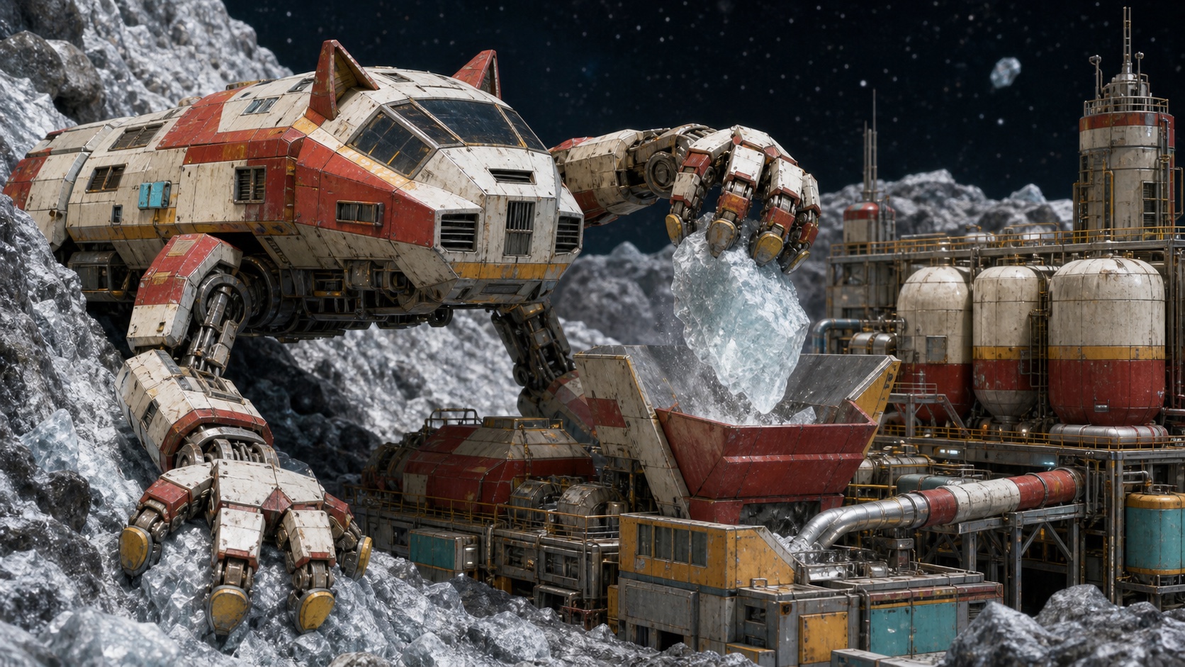A Paw-class harvester transfers a comet-ice boulder into an orbital crusher using articulated paw grapples