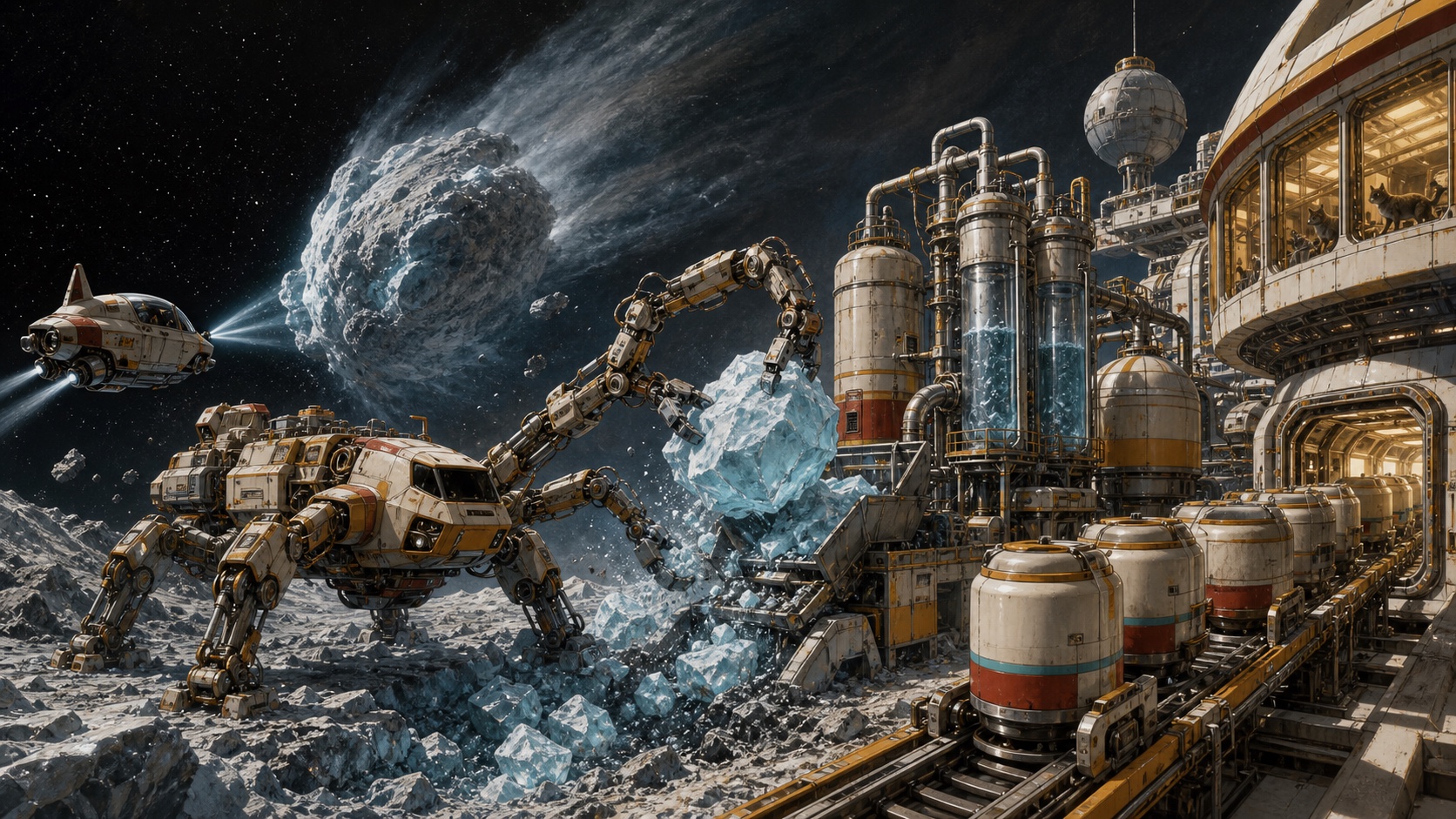 The U.C.F. comet-water process from survey and anchoring through paw-grapple extraction, refining, storage, and habitat delivery