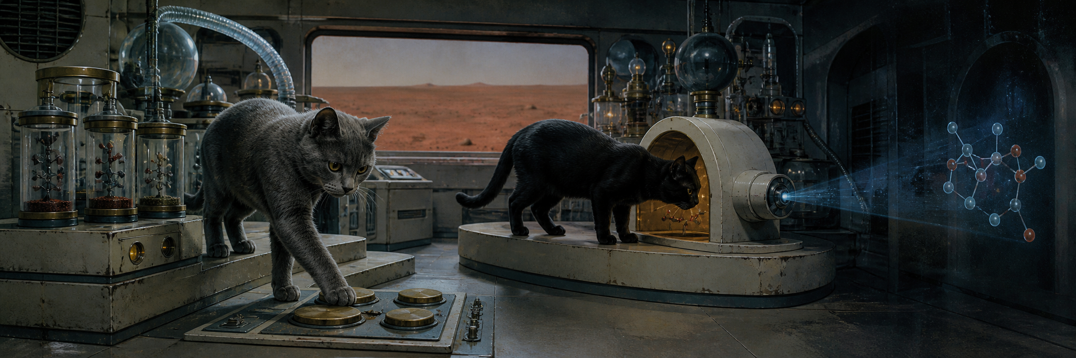 Grey and black feline scientists operate paw-scale scent analysis controls and holographic molecular instruments in the Utopia Planitia laboratory