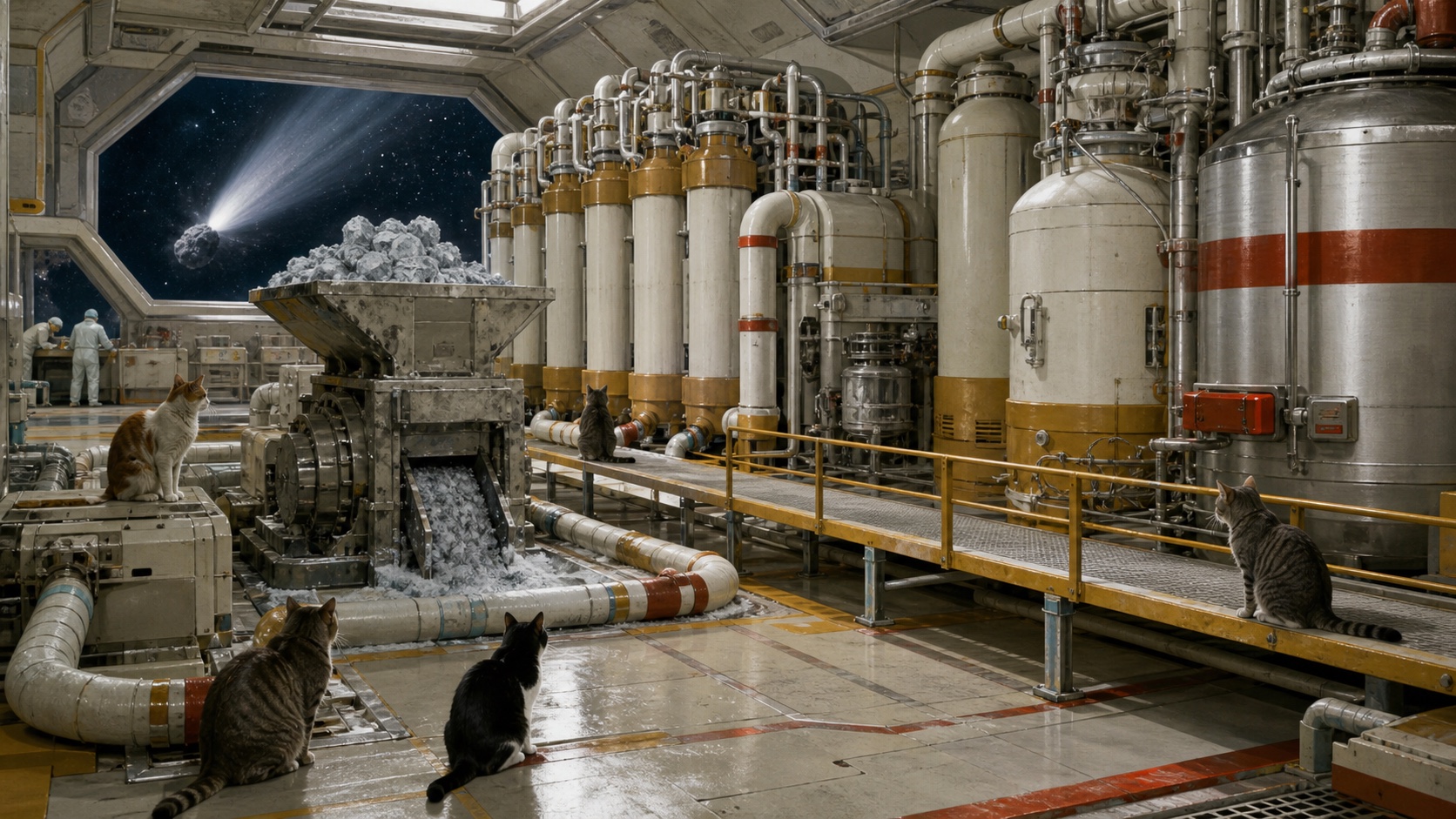 A complete mobile comet-water refinery with crusher, filtration columns, tanks, cats, and technicians