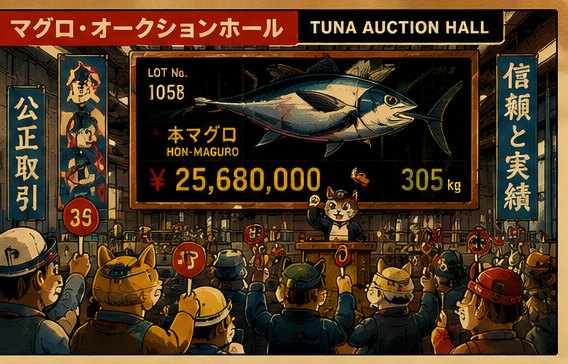 The tuna auction hall, lot 105B on the board at 25,680,000