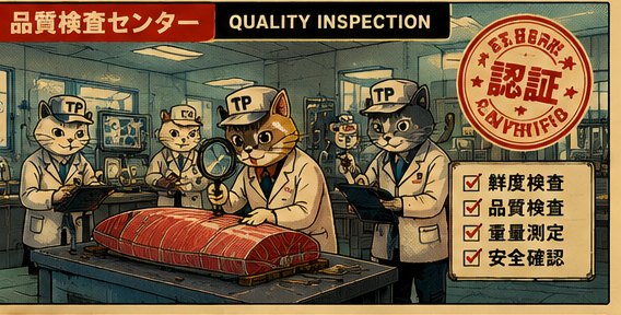 Quality inspection: four cats in lab coats over a tuna loin