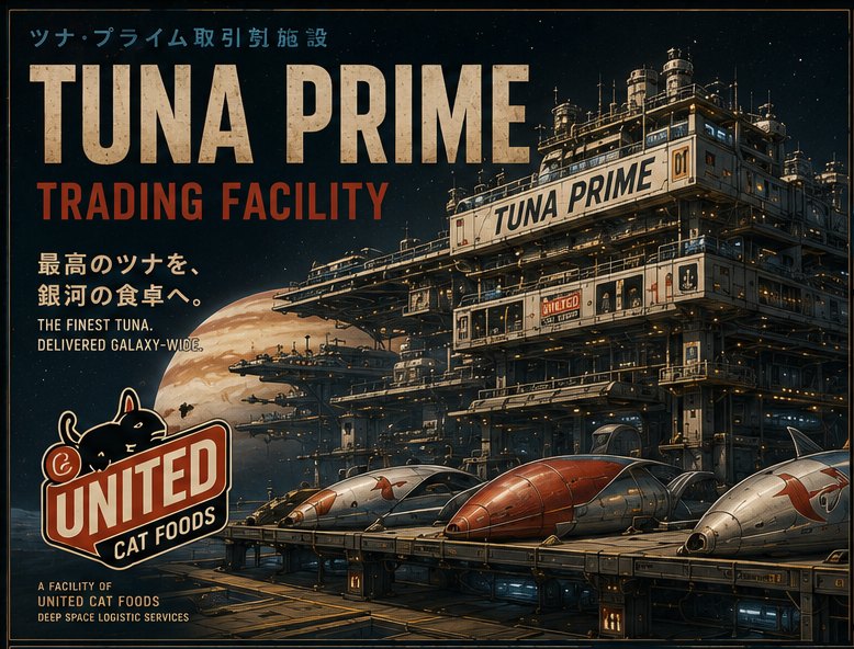 Tuna Prime 01 orbital trading facility over Jupiter, tuna-shaped freighters at dock