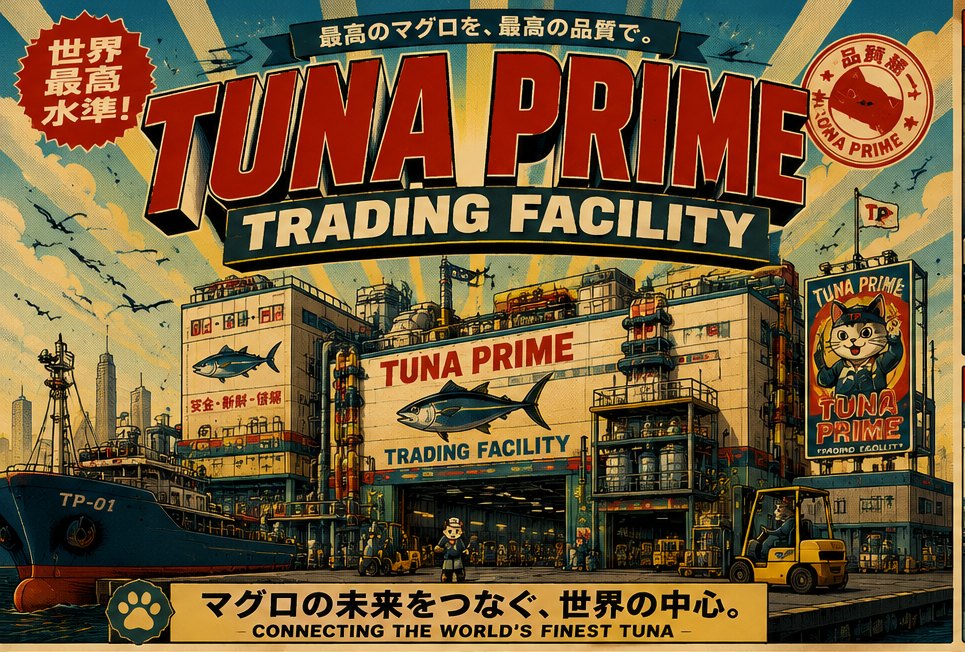 Tuna Prime Trading Facility gate poster: the trawler TP-01 alongside, forklifts under the sign