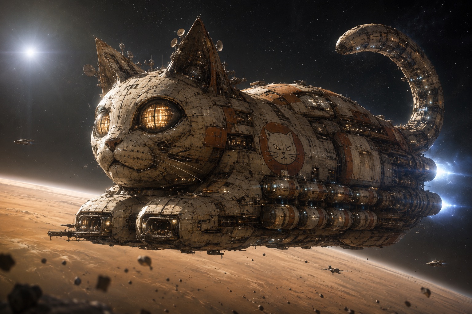 A Loaf-class heavy freighter shaped like a resting cat, in orbit above a dust planet