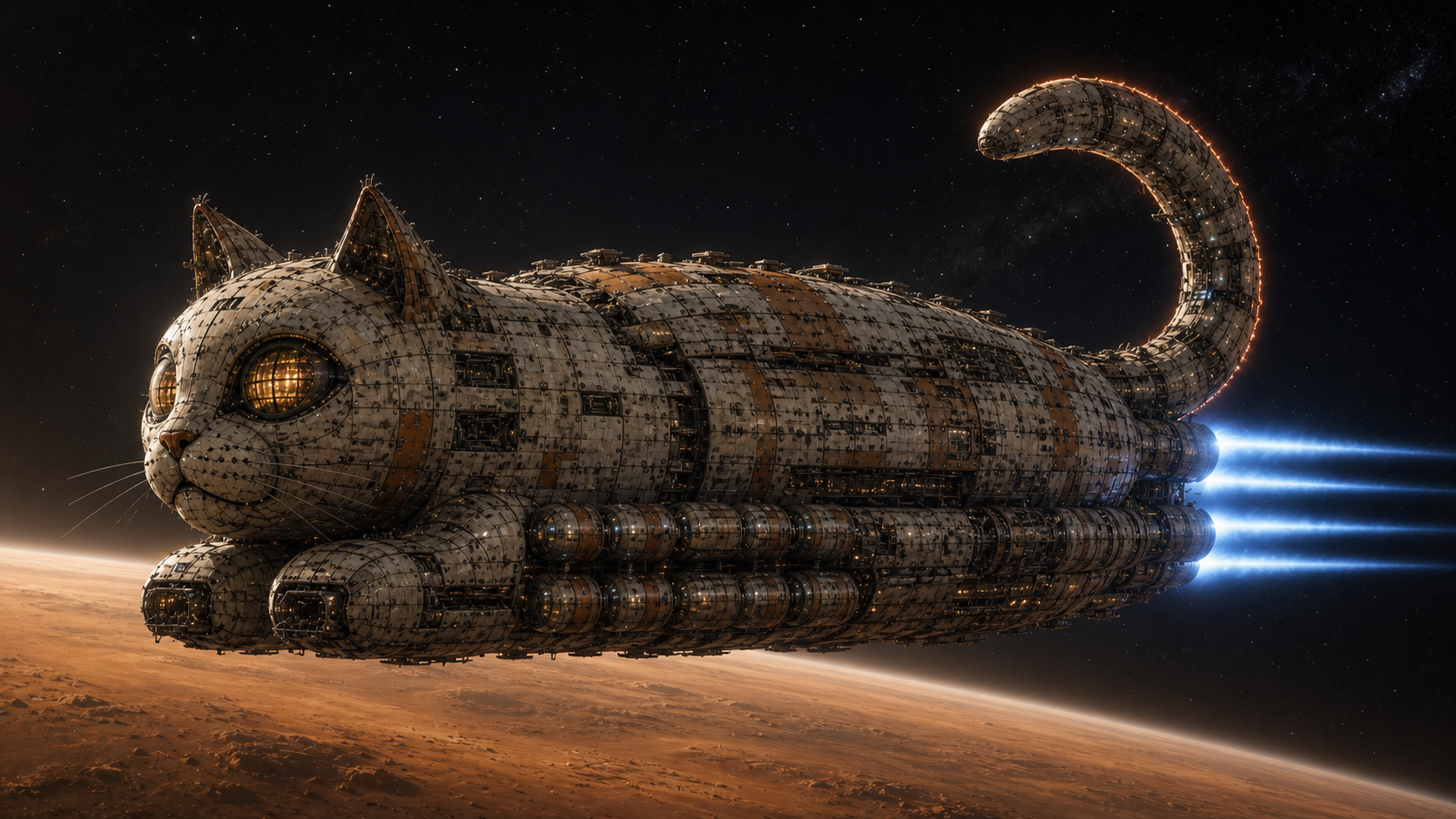UCFS Mackerel, a Loaf-class freighter, cruising above Mars with its segmented tail heat radiator glowing at the edges