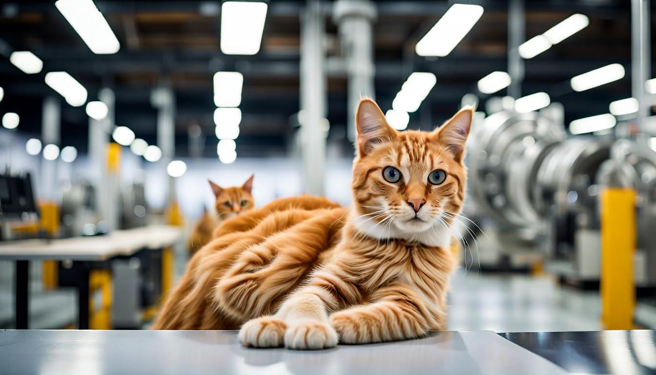 Feline staff overseeing the packaging line